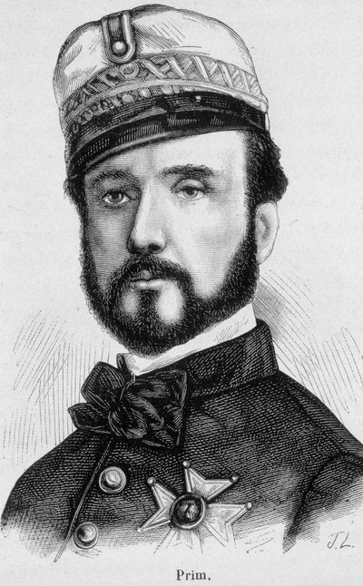 Retrato de Juan Prim y Prats, general y político español (1814 - 1870) - en “The History of France” de Henri Martin de French School