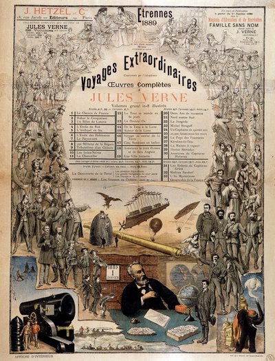 Retrato de Jules Verne y escenas de sus obras - Cartel publicitario de sus obras completas de French School
