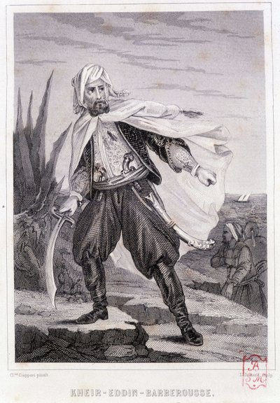 Retrato de Kheir - Eddin - Barbarroja, pirata turco del siglo XVI - en "Historia de los piratas y corsarios del Océano y del Mediterráneo" por P. Christian, París, ed. D. Cavaillès, Volumen 1 de French School