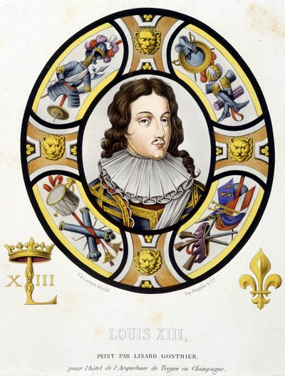 Retrato de Luis XIII Rey de Francia (1601-1643). Facsímil de un vitral de la Edad Media en Historia de la pintura sobre vidrio por Ferdinand de Lasteyrie de French School