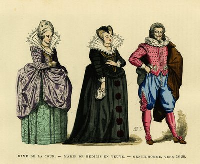 Retrato de María de Médicis (1573-1642), reina de Francia, en hábito de viuda, rodeada por una dama de la corte y un caballero, circa 1620. Grabado en color, en “Francia y los franceses a través de los siglos” de Augustin Challamel, editor F. Roy, París 18 de French School