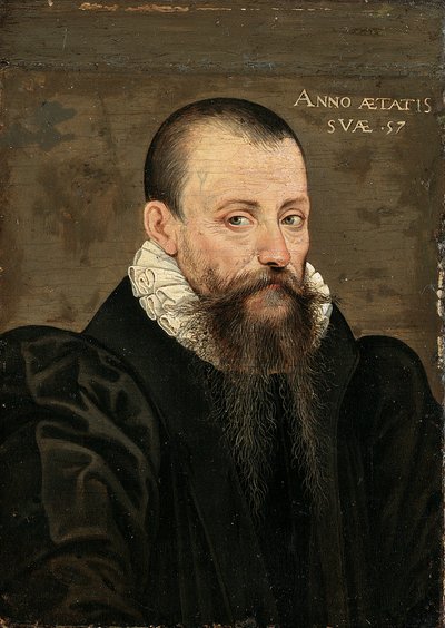 Retrato de Michel Eyquem de Montaigne (1533-1592), 57 años, pequeño de medio cuerpo, con traje negro y cuello blanco (óleo sobre tabla) de French School