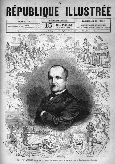 Retrato de Monsieur Claude (Antoine Francois Claude dit) (1807-1880), policía y escritor francés, jefe de la policía de seguridad bajo el Segundo Imperio. Grabado de 1880 en “La republique illustree” colección privada. de French School