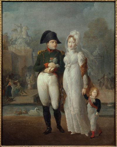 Retrato de Napoleón I (1769-1821) y María Luisa con su hijo, Rey de Roma Napoleón II, Duque de Reichstadt en los Jardines de las Tullerías. Pintura anónima. Siglo XIX. Colección privada. de French School