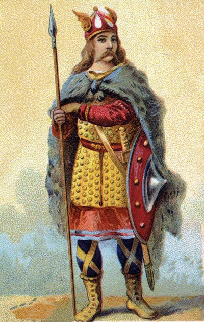 Retrato de Faramundo, rey de los francos salios (reinado entre 420-428). Cromolitografía alrededor de 1890 de French School