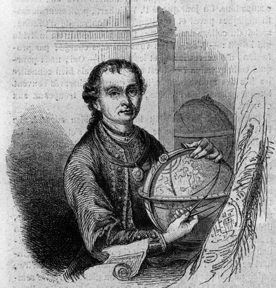 Retrato de Pierre (Peter) Anich (1723-1766), astrónomo y cartógrafo tirolés, sosteniendo un globo y un compás. Grabado en 