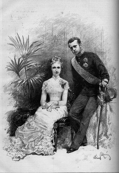 Retrato de la Princesa Estefanía de Bélgica (1864-1945) y el Archiduque Rodolfo de Austria (1858-1889). Grabado en "Le Monde Illustré" n°1209 del 29 de mayo de 1880 de French School