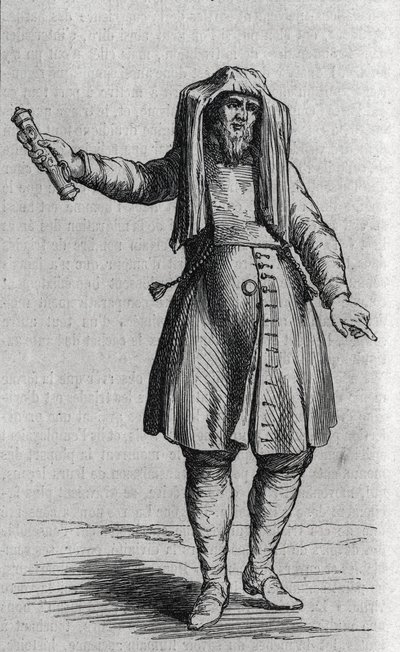 Retrato de un hombre judío sosteniendo la Mezuzoth. Grabado en "Le Magasin Picturesque" de French School