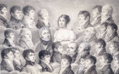 Retrato de una joven dama rodeada por sus admiradores de French School