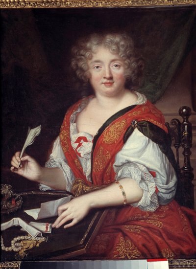 Retrato de una mujer escribiendo anteriormente identificada como Madame de Sevigne (1626-1696). Sería Marie de Rabutin-Chantal, Marquesa de Sevigne, mujer de letras. Lleva un brazalete a media altura del brazo. Anónimo de French School