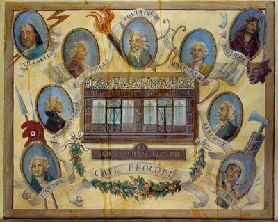 Retrato de personajes históricos y vista del café parisino Le Procope: Benjamin Franklin, Jean Jacques Rousseau, Voltaire, Jean D