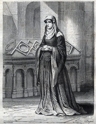 Retrato de la monja benedictina que habría sido la amante y hermana del Papa Gregorio XII y la madre de Eugenio IV (Gabriele Condulmer 1383-1447). Grabado en “Historia de los Papas (...) Crímenes de los Reyes y Emperadores a través de los siglos” por Mauri de French School