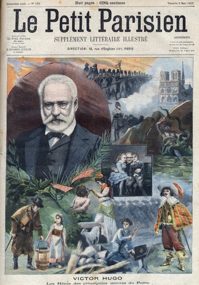 Retrato del escritor francés Victor Hugo (1802-1885) con ilustraciones de sus principales obras. Grabado en "Le Petit Parisien" de French School