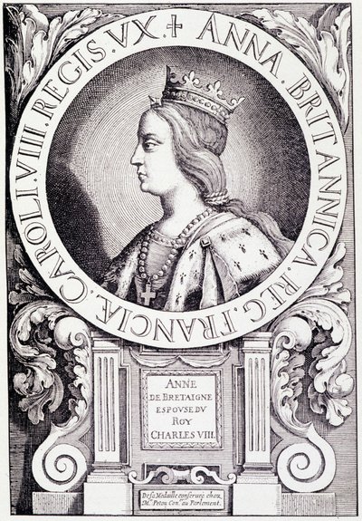 Retrato de la Reina de Francia Ana de Bretaña (1477-1514). Grabado de “Luis XII y Ana de Bretaña” por Paul Lacroix, ed. Georges Hurtrel de French School