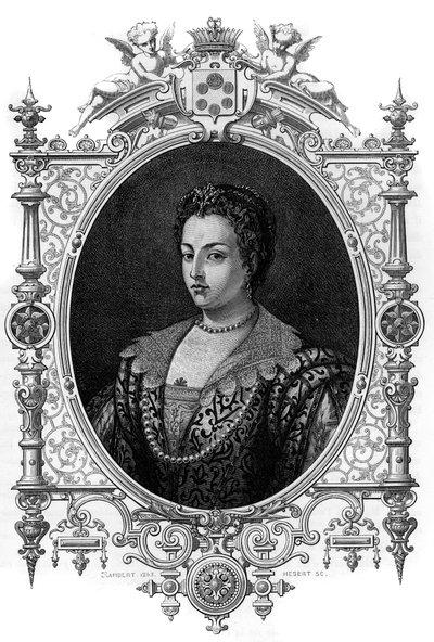 Retrato de la veneciana Bianca Cappello (1548 - 1587), esposa de Francisco de Médicis (Francesco de Medici). Grabado de 1862 en “Las Reinas del Mundo” por nuestros primeros escritores. Libro publicado bajo la dirección de J. G. D. Armengaud. de French School