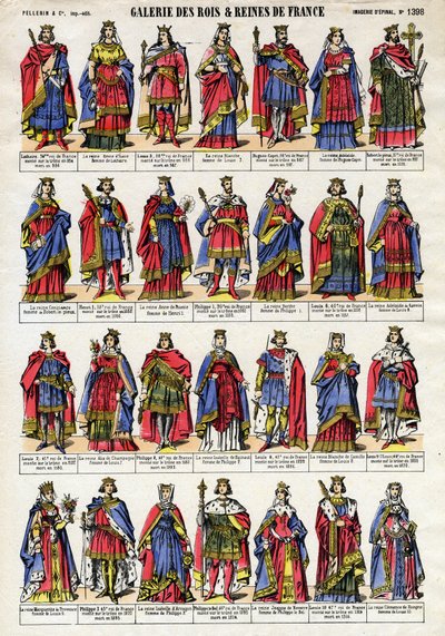 Retrato de los reyes y reinas de Francia de la dinastía capetiana (dinastía capetiana) desde Lotario (941-986) hasta Luis X el Obstinado (1289-1316). Imagen de Épinal de finales del siglo XIX. Colección privada. de French School