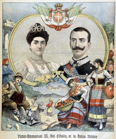 Retratos en medallón de Víctor Manuel III y Helena de Montenegro, Soberanos de Italia, portada de “Le Petit Journal” 5/7/1903 (grabado) de French School