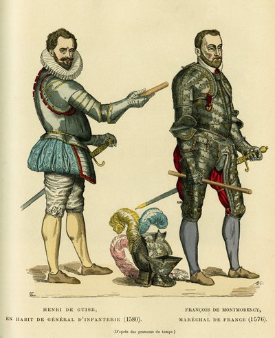 Retratos de Henri I de Guisa, conocido como el Balafré (1549-1588) con el abrigo de general de infantería en 1580 y de François de Montmorency (1530-1579), mariscal de Francia alrededor de 1576. Grabado en color, en “Francia y los franceses a través de los de French School
