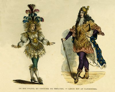 Retratos del Rey Luis XIV (1638-1715), en traje de teatro y carrusel. Grabado en color, en “Francia y los franceses a través de los siglos” de Augustin Challamel, F.Roy editor, París 1882. Colección Selva. de French School