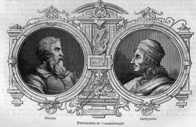 Retratos de Nicolás el Místico (siglo X) y Eutimio del Athos (955-1028), Patriarcas de Constantinopla. Grabado en “Histoire des Papes-Rois-Queen and Empereurs a travers les centuries” por Maurice Lachatre de French School