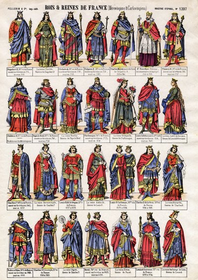 Retratos de los reyes y reinas de Francia de la Dinastía de los Merovingios y Carolingios. Imágenes de Épinal finales del siglo XIX. Colección privada. de French School