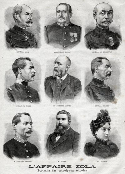 Retratos de los principales testigos en el caso Dreyfus Zola en "Le Petit Journal", 27 de febrero de French School
