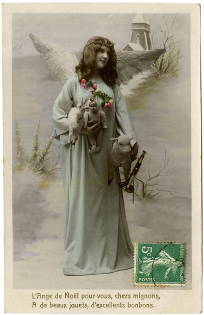 Postal: El ángel de Navidad para ti, querido lindo, tiene hermosos juguetes, excelentes dulces de French School