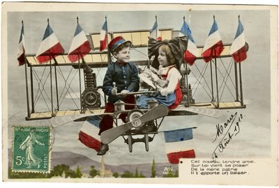 Postal: Este tierno amigo pájaro viene a pedirte de la madre patria, te trae un beso, 24 de agosto de French School