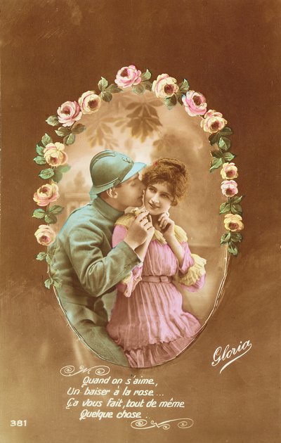Postal que representa a un soldado francés y su amante, 1914-18 de French School