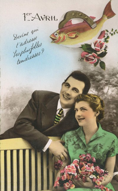 Postal para el primer abril "Adivina quién dirige la ternura más loca". sd. principios del siglo XX de French School