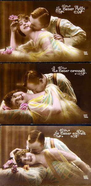 Postal del período de la 1ª Guerra Mundial que representa los diferentes tipos de beso de French School
