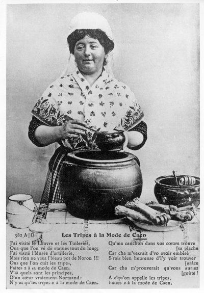 Postal en alabanza del plato clásico tradicional de Normandía Tripe a la Mode de Caen de French School