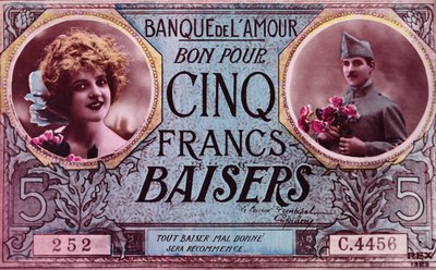 Tarjeta postal en forma de vale por cinco besosfrancos del Banco del Amor, 1914-18 de French School
