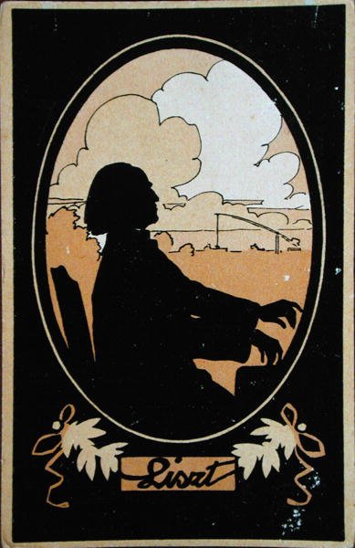 Postal de Franz Liszt (1811-86) con el campo húngaro en el fondo, c.1910 de French School