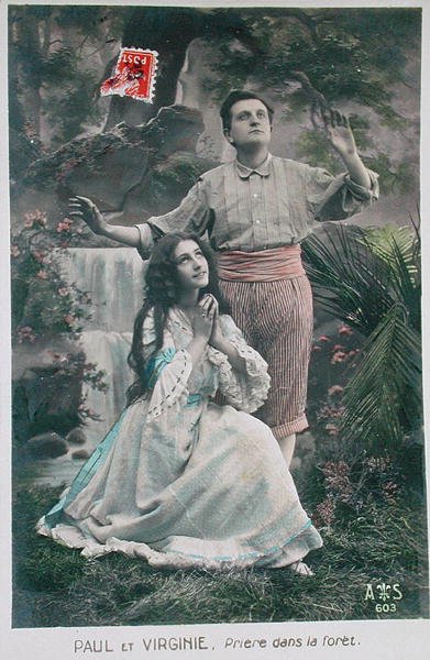 Postal de Paul y Virginie: La oración en el bosque de French School