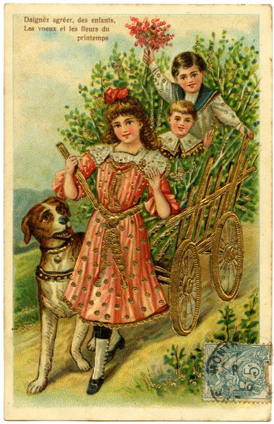 Postal, por favor acepte, deseos de los niños y flores de primavera de French School