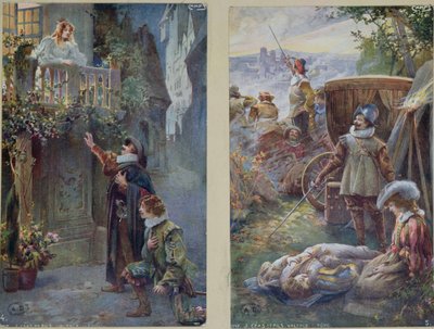 Postales que representan a Cyrano de Bergerac con Roxanne y la Muerte de Christian, c.1900 de French School