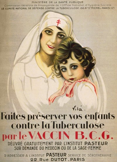 Póster “Protege a tus hijos contra la Tuberculosis con la vacuna B.C.G. emitida gratuitamente por el Instituto Pasteur a solicitud del médico o partera”, por Vilà 1917 de French School