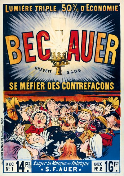 Póster publicitario de lámparas de petróleo Becauer, impreso por Charles Verneau, 1890 de French School