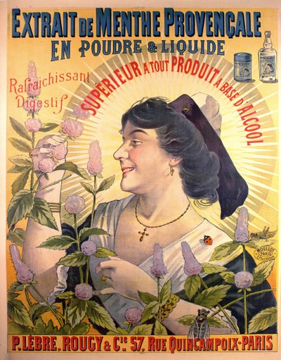 Cartel publicitario de Extrait de Menthe Provençale digestivo francés de French School