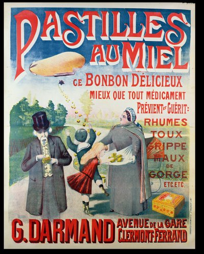 Póster publicitario de Pastillas al Miel, caramelos de miel, hechos por G. Darmand de French School