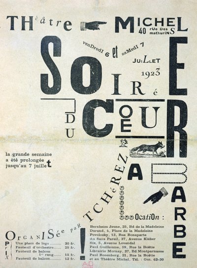 Póster publicitario de Soiree du Coeur a Barbe en el Theatre Michel 6 y 7 de julio de 1923 de French School