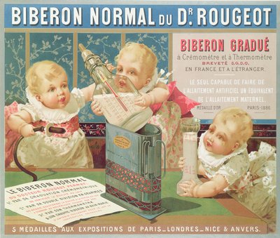 Póster publicitario de una botella graduada diseñada por el Dr. Rougeot, 1887 de French School