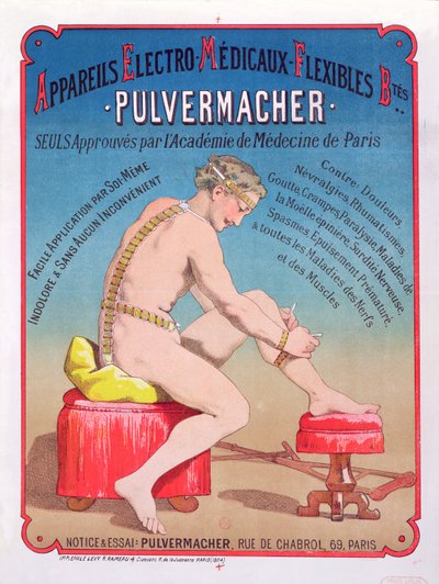 Póster publicitario de una máquina de masaje y estimulación corporal Electro-Medical Pulvermacher, 1884 de French School