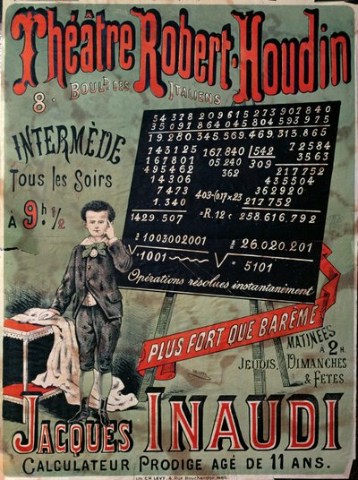 Póster anunciando una aparición de Jacques Inaudi (1867-1939) en el Teatro Robert Houdin, París, 1878 de French School