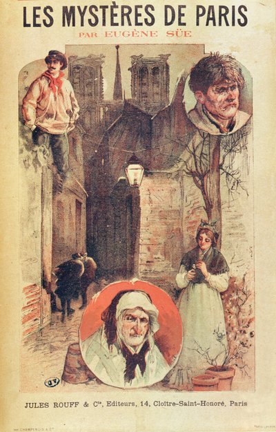 Póster publicitario de Les Mysteres de Paris de Eugene Sue (1804-57) publicado en entregas por Editions Jules Rouff, finales del siglo XIX de French School