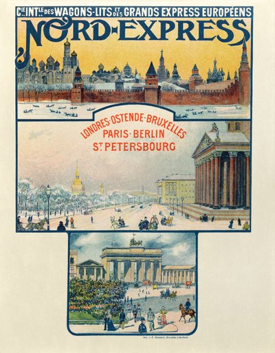 Cartel publicitario de la Compagnie des Wagons-Lits et des Grands Express Européens, de Londres a San Petersburgo, principios del siglo XX de French School