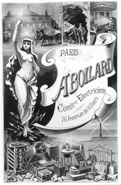 Póster publicitario del Hada de la Electricidad y los diversos usos de la Electricidad, finales del siglo XIX de French School