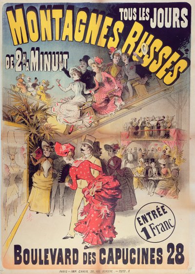 Póster publicitario de la Montagnes Russes Roller Coaster en el Boulevard des Capucines, París, 1888 de French School