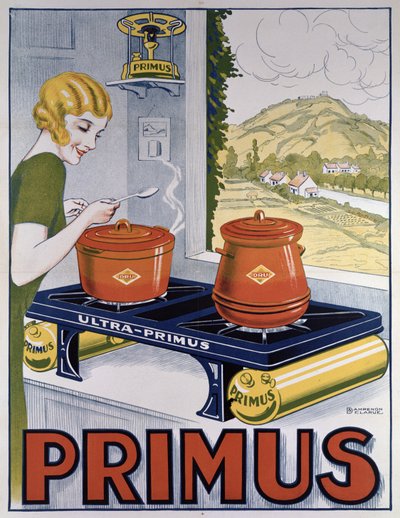 Póster publicitario del hornillo Primus, impreso por Dampenon & Elarue de French School